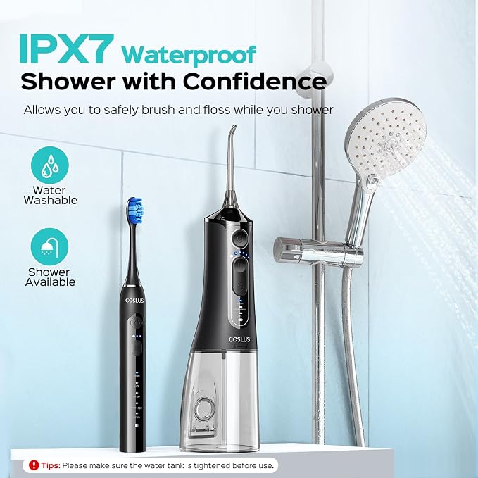 COSLUS C51C30 Water Flosser Electric Toothbrush Combo, 2-1 Oral Clean Kit | Portable Brushing & Flossing for Teeth & Braces Cleaning, Multiple Modes for Family Use, Cordless for Home & Travel, Black