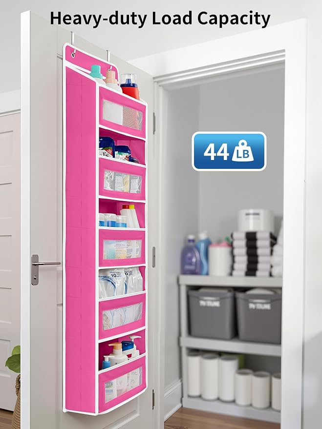 JARLINK Over the Door Organizer for Bathroom, 5 Shelf Rose Pink, 2 Pack | Anti-Tilt Design, 44 lb Load Capacity, Hanging Door Organizer with 5 Large Capacity Pockets, Behind Door Storage for Nursery