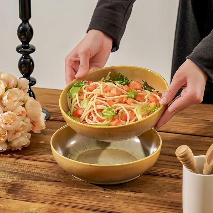 30oz Ceramic bowls set of 4-8" serving bowls for Kitchen,Pasta,Salad-Dishwasher & Microwave Safe Perfect for Housewarming, Thanksgiving, Christmas-Reactive Glaze Cappuccino