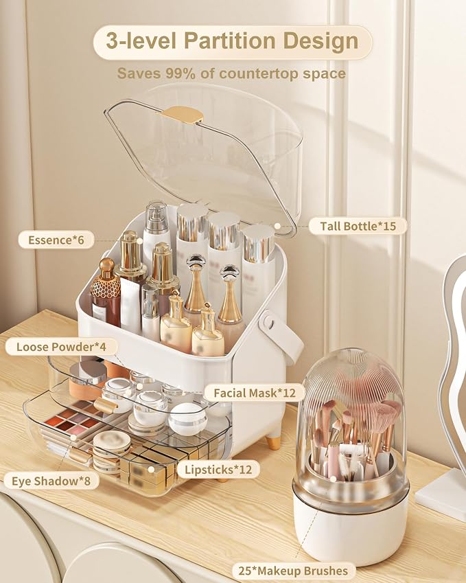 Makeup Organizer Countertop, Skincare Holder Bathroom Counter Organizer, Storage Box Cosmetic Display Cases, Teen Girl Gifts Make up Organizers (White/Brush)