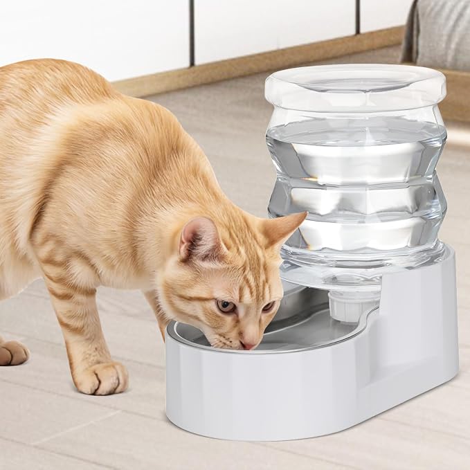 RIZZARI 4L Cat Water Dispenser – Stainless Steel, White, Gravity Fed | No Power Needed, Non-Slip Base, Easy-Clean, for Cats & Small Dogs, for Kitchen/Bedroom