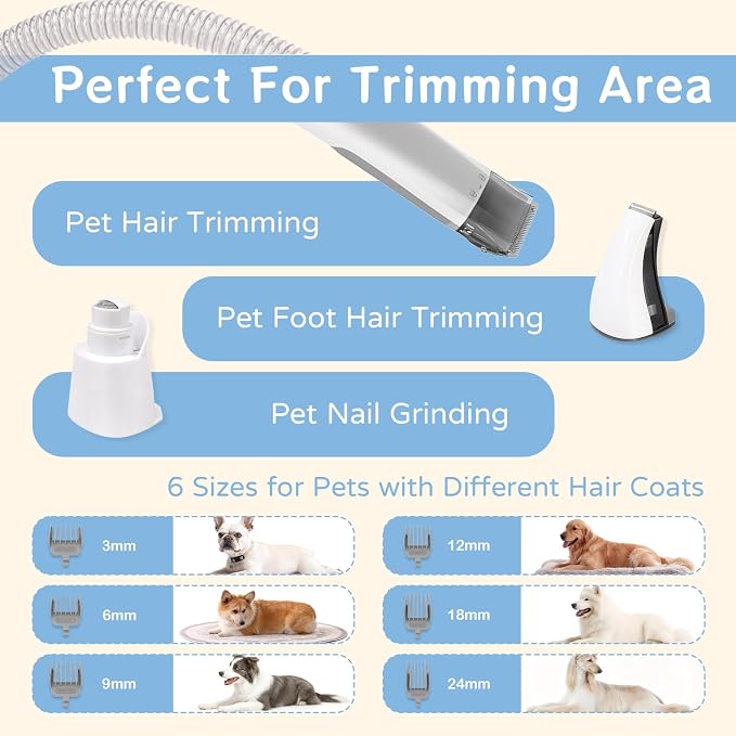 Dog Grooming Kit, Pet Grooming Vacuum with Pet Clipper Nail Grinder, Dog Hair Vacuum with 6 Pet Grooming Tools for Dogs Cats Shedding Grooming