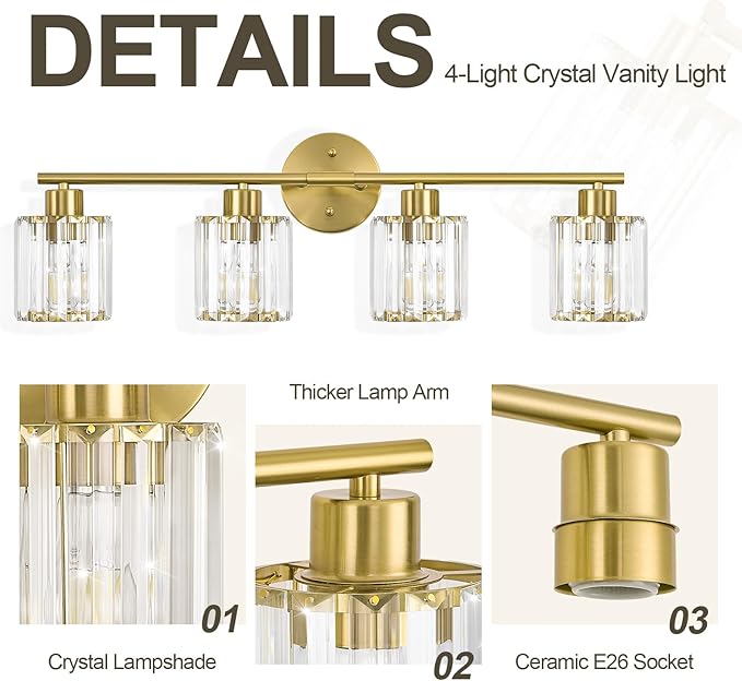 Crystal Bathroom Light Fixtures, Bathroom Lighting Fixtures Over Mirror, Modern 4-Light Gold Vanity Lights for Mirror, Restroom, Kitchen(Ceramic E26 Socket,Bulbs Not Include)