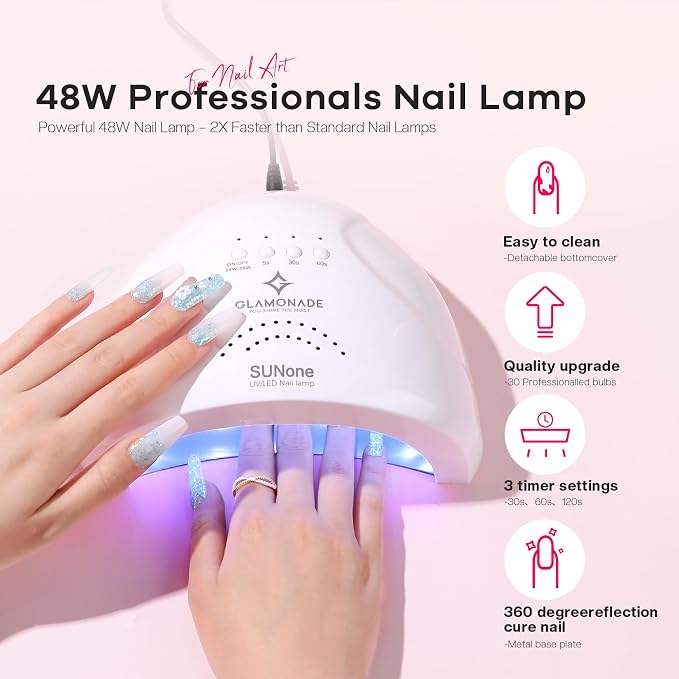 Glamonade Acrylic Nail Kit for Beginners: 0 Experience Needed to Complete Acrylic Nail Starter Kit with 48W Nail Lamp & Drill for Home DIY Manicure