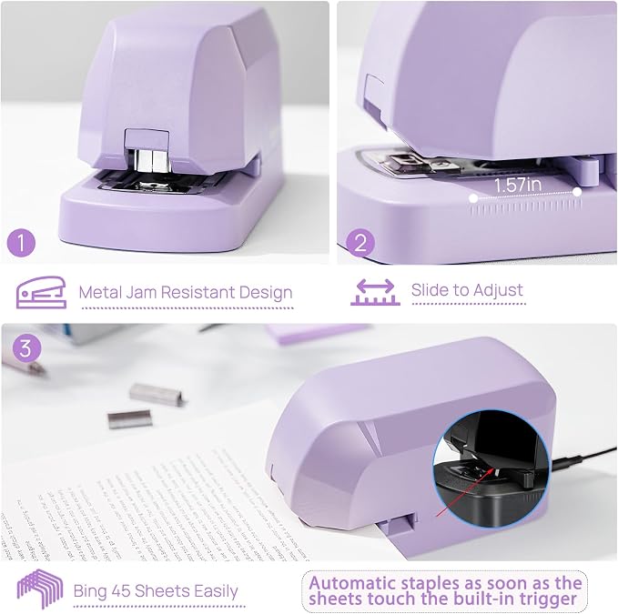 Electric Stapler for Desk Value Pack, 45 Sheet Capacity, Includes 1500 Staples & Staple Remover, No-Jam, Faster Stapling, AC Adapter Powered, Purple
