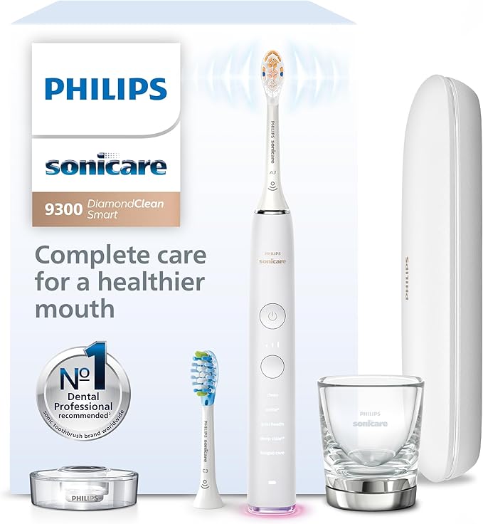 Philips Sonicare DiamondClean Smart 9300 Electric Toothbrush - Sonic Toothbrush with App, Pressure Sensor, 12 Brushing Settings, Replacement Reminder, Travel Case, White, Model HX9903/05