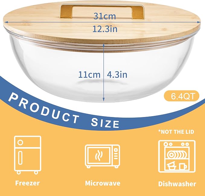 6.5Qt Extra Large Glass Mixing Bowl with Lid, Clear Large Salad Bowls with Airtight Bamboo Lid & Handle,Thickened Glass Big Mixing Bowls Cooking Bowl for Food Prep, Kitchen,Dinner, Borosilicate Glass