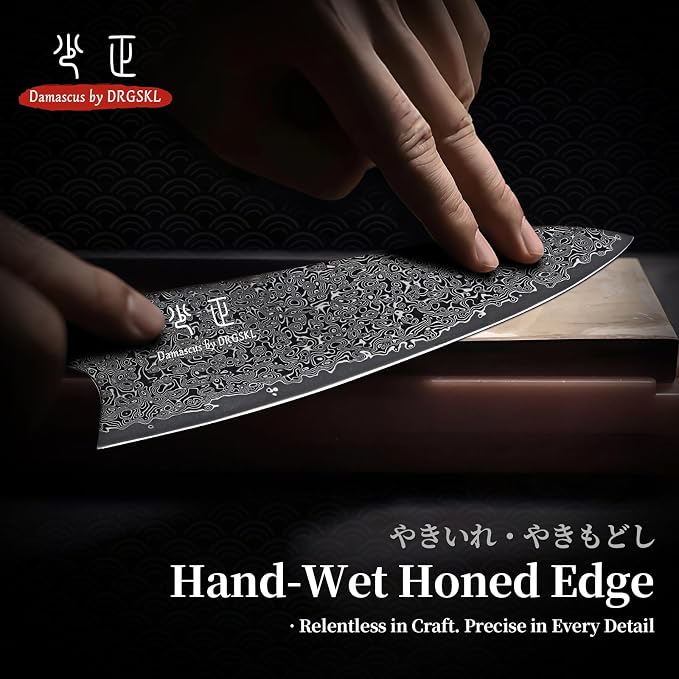 DRGSKL Damascus Chef Knife 8 Inch - VG10 Kitchen Knife for Meat Cutting | Japanese VG10 Core, Black Anti-corrosion Coating, Damascus Blade, G10 Handle, Gift Box, Wet Edge Grinding Technology
