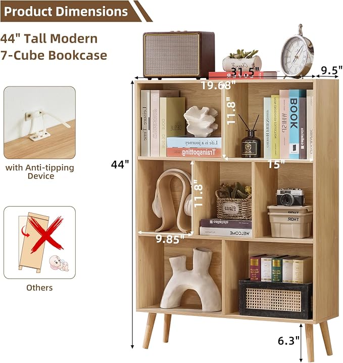 LEYAOYAO Cube Bookshelf, Mid-Century Modern Book Shelf with Legs,Light Wood | 3 Tier Bookcase, Rustic Wood Bookshelves Freestanding Small Storage Organizer, Open Shelves for Bedroom, Living Room, Office