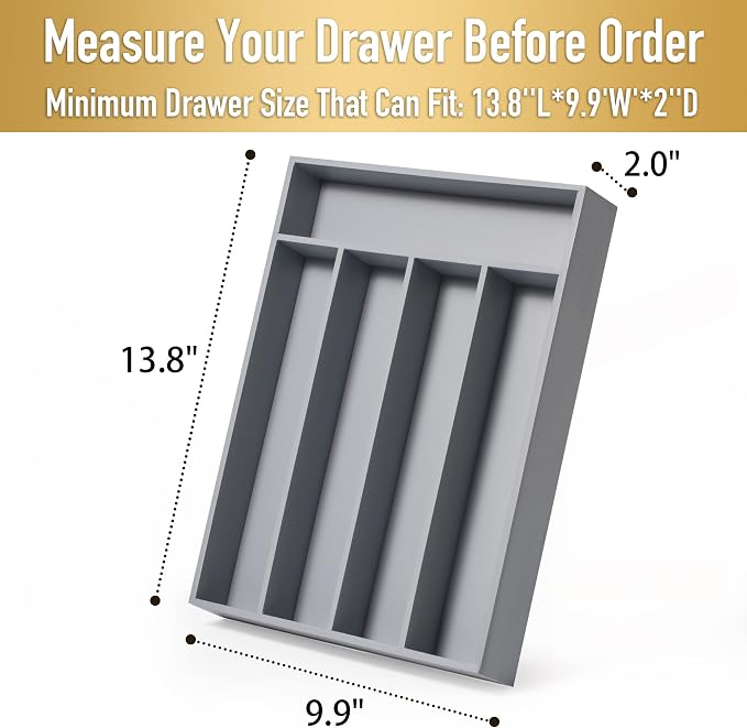 Besilord Bamboo Silverware Holder - Drawer Organizer with 5 Slots (Gray)