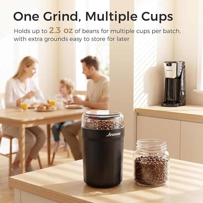 Electric Coffee Grinder, One Touch Coffee Mill with Stainless Steel Blades, Adjustable Coarse to Fine for Coffee Beans, Spice & Dry Grinding, 2-in-1 Cleaning Brush & Scoop, Safety Lid