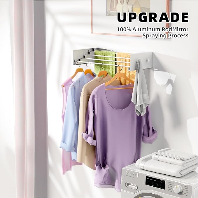 ZMBESUP Upgrade Small Wall Mounted Drying Rack with 4 Hooks, 23.6" Compact Foldable Laundry Rack for Apartment, Space Saving Collapsible Design, Includes Template for Small Bathroom & Balcony (White)