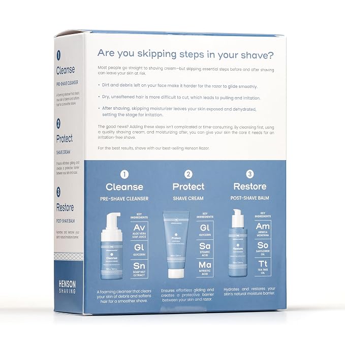 Henson Shaving Skin Care Combo – 3-Step Shaving Kit for Men with Cleanser, Shaving Cream & Post-Shave Balm – Gentle Grooming Kit for Smooth, Irritation-Free Shaves – 3.4 oz Each