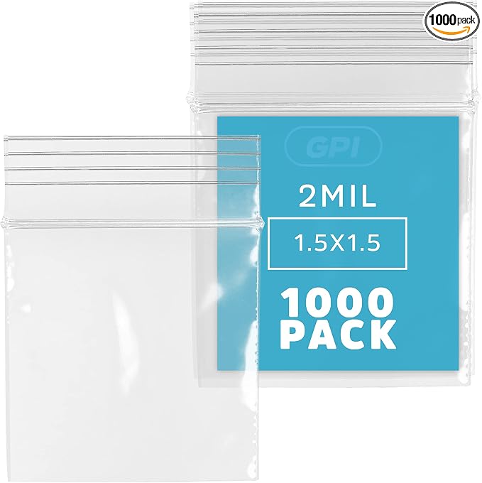 GPI - 1000 Count, 1.5" x 1.5" Clear Plastic Reclosable Zip Bags, 2.5 Mil Thick, Strong & Durable Poly Baggies with Resealable Zip Top Lock for Travel, Storage, Packaging & Shipping