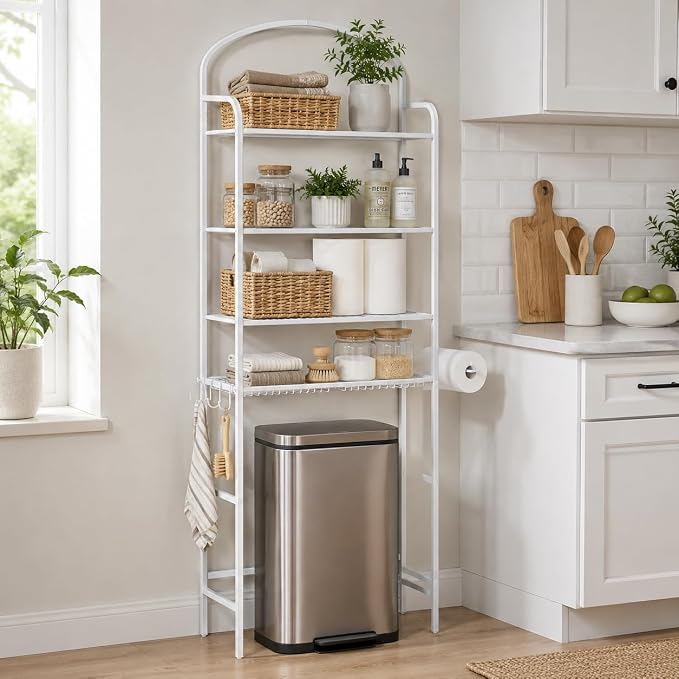 4-Tier Over The Toilet Storage, Bathroom Organizer, Space-Saving, 72" H Above Toilet Storage Rack with 4 Hooks and Paper Holder, Metal Shelf, White