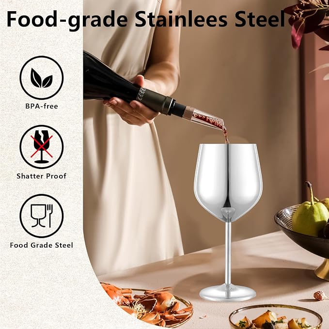 UNISWEET Unbreakable Stainless Steel Wine Glasses Set of 4, Silver | 17oz Unique Fancy Metal Wine Goblets, Shatterproof, Ideal for Outdoor, Camping, Travel, Pool, Great Gift for Wine Lovers