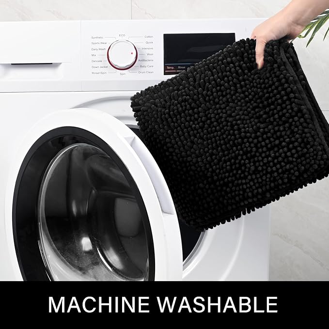 LOCHAS Luxury Bathroom Rug Shaggy Bath Mat 24 x 40 Inch, Black | Washable Non Slip Bath Rugs for Bathroom Shower, Soft Plush Chenille Absorbent Carpets