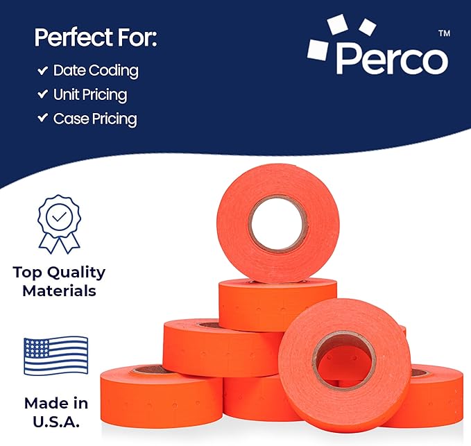 Perco 1 Line Fluorescent Red Labels - 80,000 Blank Price and Date Gun Labels for Perco Lite, X, Plus and Pro 1 Line Price and Date Guns- 80 Rolls, 10 Sleeves - Made in USA