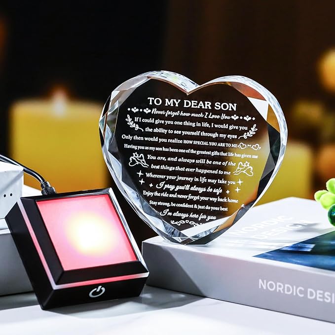 Arikyrist Meaningful Son Gifts with Coloful LED Base Inspirational to My Son Crystal Keepsake for Graduation Birthday Gifts for Adult Sons from Mom Dad on Fathers Day Christmas Valentines