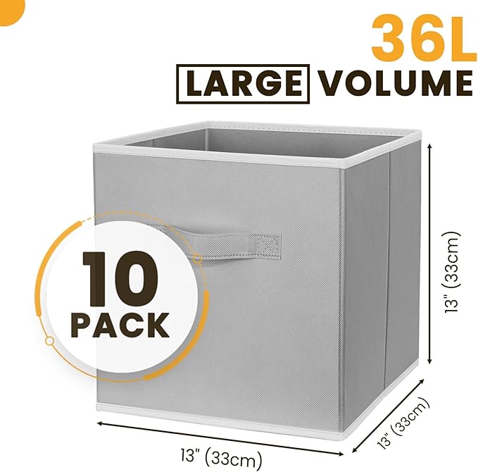 Large Storage Cubes, 13 Inch Cube Storage Bins for Shelves Closet Nursery Bedroom - 10 Pack Collapsible Storage Baskets with Handles - Fabric Bins for Organizing Magazines Clothes Toys (Grey)