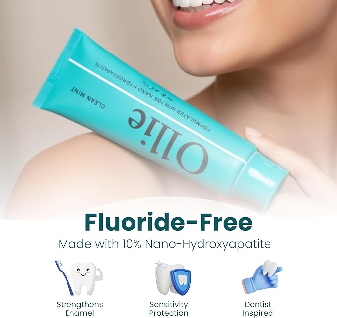 Ollie Fluoride Free 10% Nano Hydroxyapatite Toothpaste, Clean Mint, 4oz | Rod-Shaped Nano HAP, Remineralizes Enamel, Reduces Sensitivity, Reverses Small Cavities, Naturally Whitens Teeth, (Pack of 1)