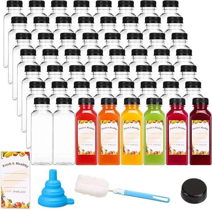 Moretoes 56pcs 12oz Juice Bottles with Caps, Plastic Bottles with Brush Funnel and Labels for Juice and Other Beverages