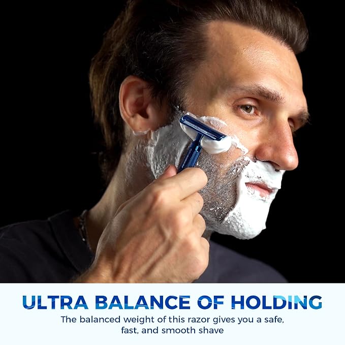Double Edge Safety Razor with Stand, Version 2.0 Includes 10 Blades | Premium noble blue finish with a vibrant metallic appearance and durable coating.
