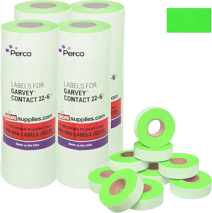 Perco Fluorescent Green Price Marking Labels - 44,000 Blank Labels for Garvey Contact 22-6/22-7/22-8 Price Gun with Ink Rolls Included - 36 Rolls, 4 Sleeves - Made in USA