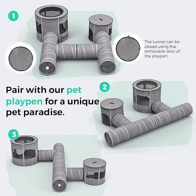 PETOCAT Cat Tunnel 4 Way with Teaser Wand & 2 Plush Ball, 5 Shapes Available, 54/80.7" L, H-Shaped Collapsible Pet Play Tube Maze for Kitten Puppy Bunny Ferret Rabbit, Indoor/Outdoor Peekaboo Cave