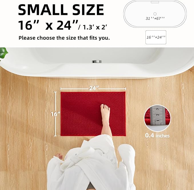 TYUU Christmas Bathroom Rugs Non Slip Washable, Super Absorbent Thin Bath Mat Small Quick Dry Low Pile Bathroom Rug, Red 16"x24"