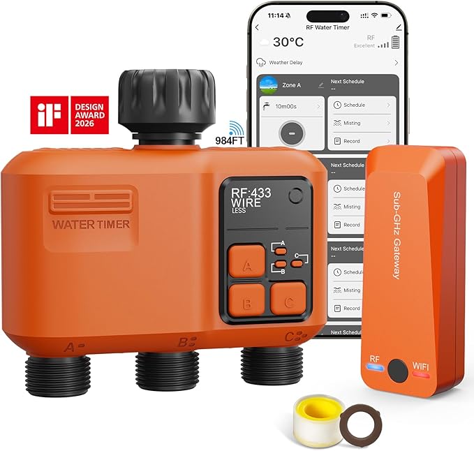Smart WiFi Sprinkler Timer 3 Zone,WiFi Water Timer for Garden Hose with 984 FT Range,Strong Wall Penetration,APP & Remote Control,Alexa & Google Voice Compatible,Rain Delay, Manual Irrigation