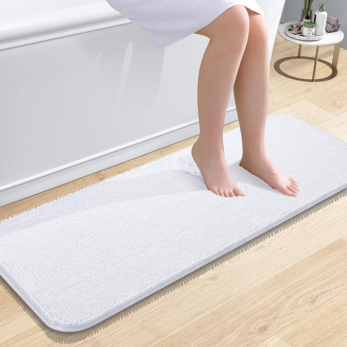 OLANLY Bathroom Runner Rugs 47x17, Extra Soft Absorbent Chenille Bath Rugs, Rubber Backing Quick Dry, Machine Washable Long Bath Mats for Bathroom Floor, Tub and Shower, Home Decor Accessories, White