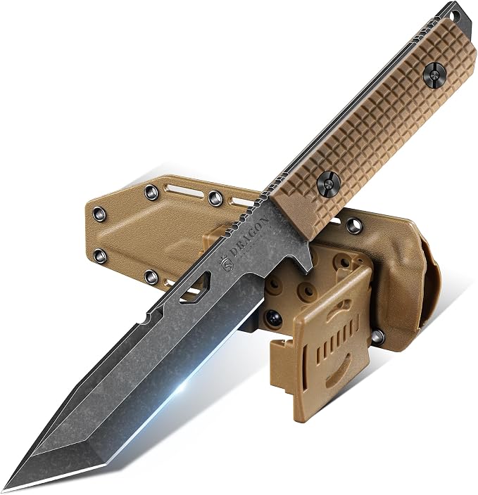 Dragon Creek Tactical Knife Kydex - D2 Steel Outdoor Knife with Sheath | Brown G10 Full Tang Handle for Outdoor Survival Camping Hiking Thanksgiving Gift Men