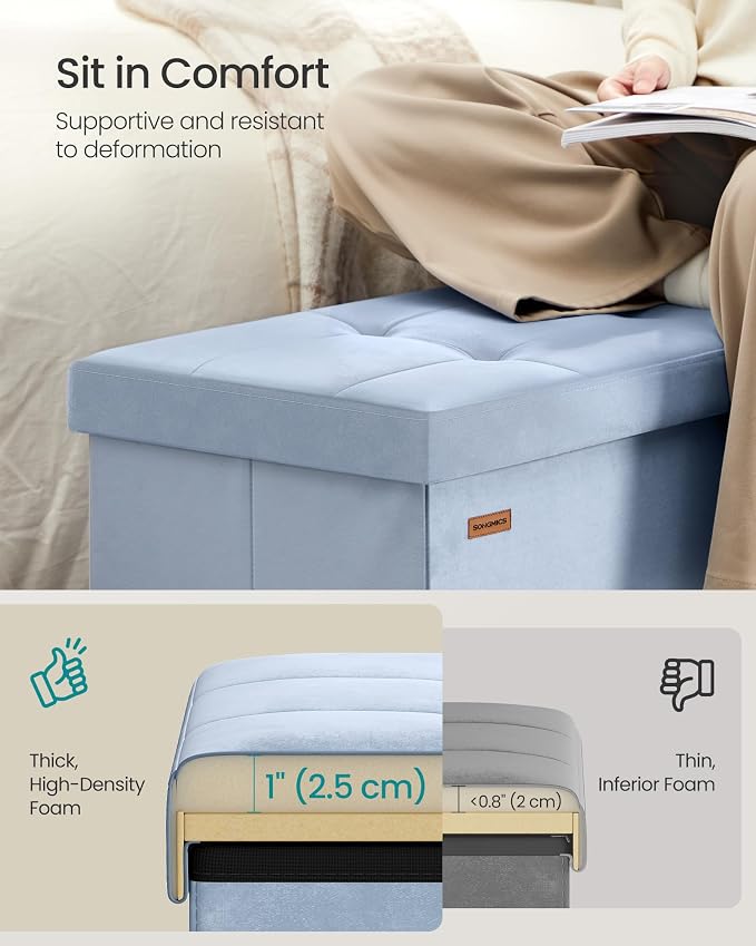 SONGMICS Velvet Storage Ottoman, Folding Storage Bench for Bedroom, Toy Chest, Ottoman Coffee Table, 15 x 29.9 x 15 Inch, Baby Blue, Entryway Shoe Bench, Island Collection ULSF048QQ02