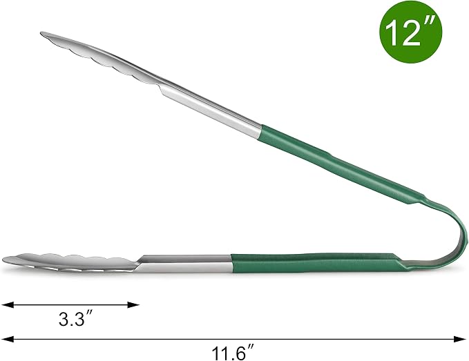 New Star Foodservice 12 Inch Utility Spring Tongs, Set of 12, Commercial Restaurant Grade Stainless Steel Tongs with Green Vinyl Coated Handles