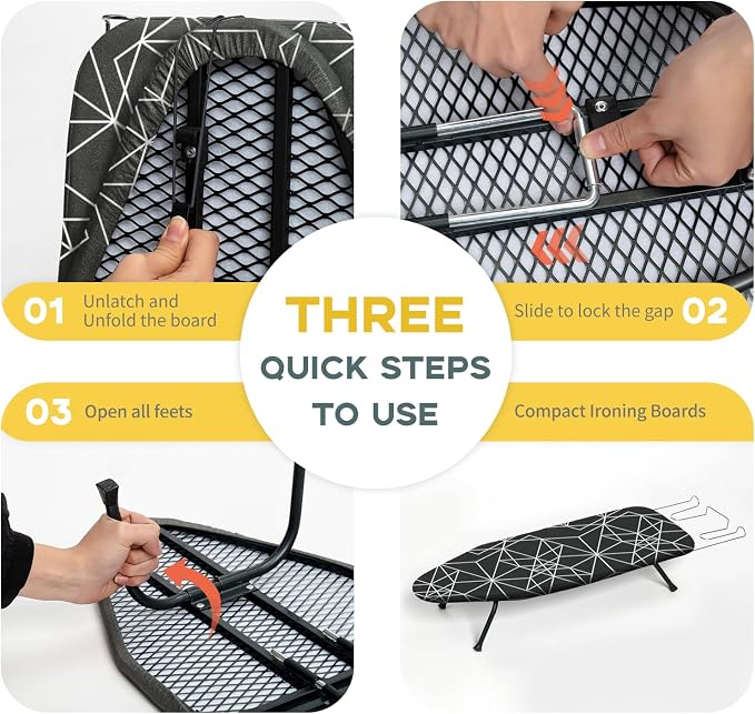 Small Ironing Board Tabletop Foldable, RAINHOL Space-Saving Iron Board, Compact and Portable for Travel and College, with Hook and Iron Holder, Steel Mesh, 32" x 12", Black and White Stripes