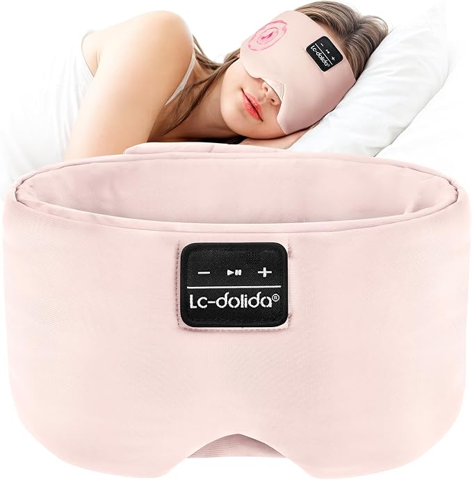 LC-dolida Bluetooth 5.4 Sleep Mask, Ice Silk Sleep Headphones for Side Sleepers, Adjustable Blackout Eye Mask with Bluetooth Headphones, Ultra-Soft Sleeping Mask for Women & Travel (Pink)