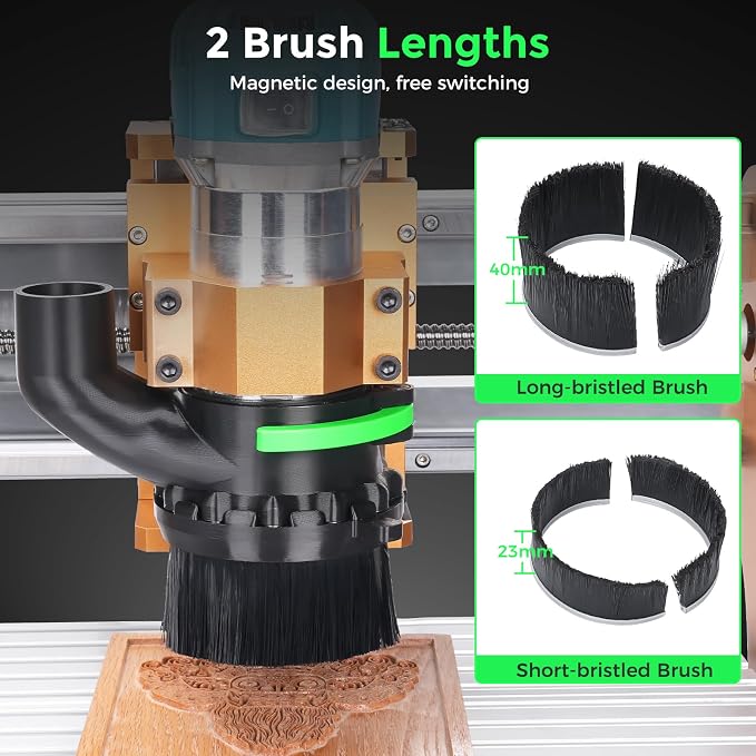 CNC Dust Shoe for 65mm & 69mm Spindles, Dual Brush, 1.5in Port | Improves CNC dust collection with 65/69mm spindle fit, dual brush sealing, magnetic access and quick-lock installation.