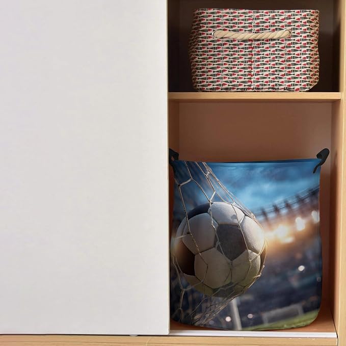 Collapsible Laundry Basket 42L, Football Sports Storage Bin Laundry Hamper with Handles, Football Field Goal Net Soccer Waterproof Clothes Baskets for Bathroom/Bedroom 13.8 x 17 In