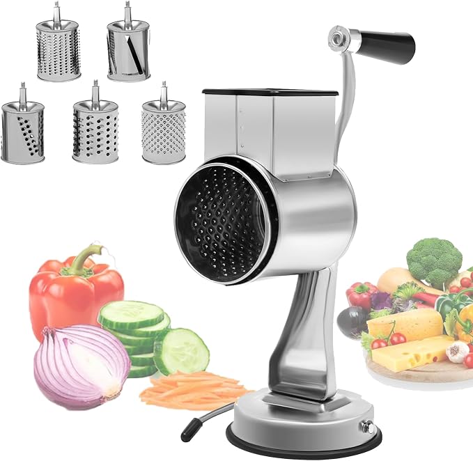 5-In-1 Stainless Steel Rotary Vegetable Cheese Grater Potato Slicer, Countertop Grater Manual Kitchen Shredder Round Food Chopper with Blades for Cafeterias Restaurants Hotels