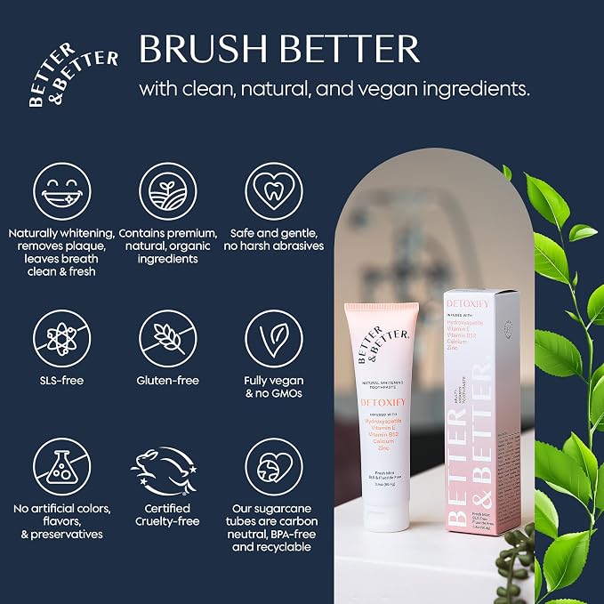 Better & Better Detoxify | Hydroxyapatite Whitening Toothpaste with Zinc | including Vitamins E, B12 | Fluoride-Free, SLS-Free | Remineralizing, 3.4oz