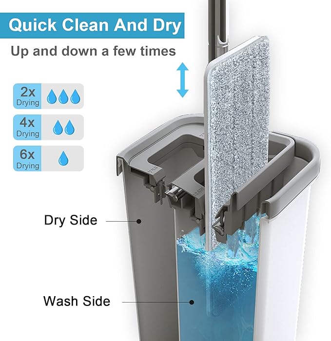 BOSHENG Mop and Bucket with Wringer Set, Hands Free Flat Floor Mop and Bucket, 8 Washable Microfiber Pads Included, Wet and Dry Use, Home Floor Cleaning System for All Floor Types and Windows