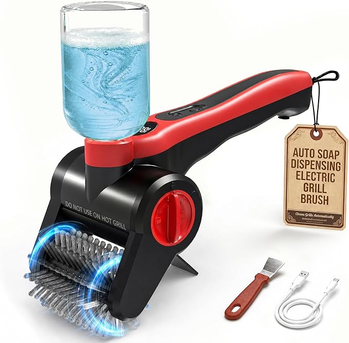 Electric Grill Brush, 100W High Power Cordless BBQ Cleaner with 300ml Water Spray Tank, IPX8 Waterproof Automatic Scrubber for Gas Charcoal Grills, 2-Speed Rechargeable Power Brush with Scraper