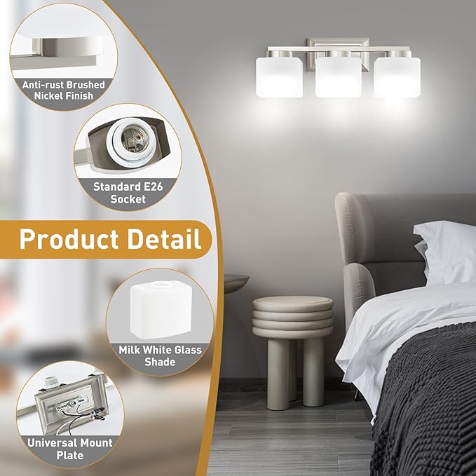 EJIAXIN 3-Light Bathroom Light Fixtures - Brushed Nickel Bathroom Vanity Lights with Glass Shade Modern Bathroom Lighting Fixtures Over Mirror - Wall Sconce Lamps for Bedroom,Living Room,Hallway