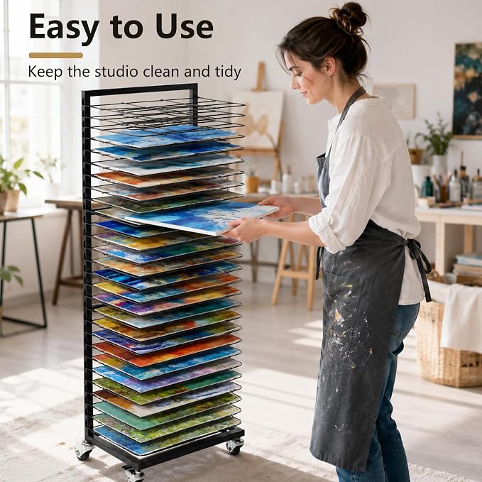 Art Drying Rack 27 Removable Shelves,Mobile with Locking Wheels, Heavy-Duty Metal Paint Drying Stand for Canvas, Artwork, Classroom, Art Studio, School