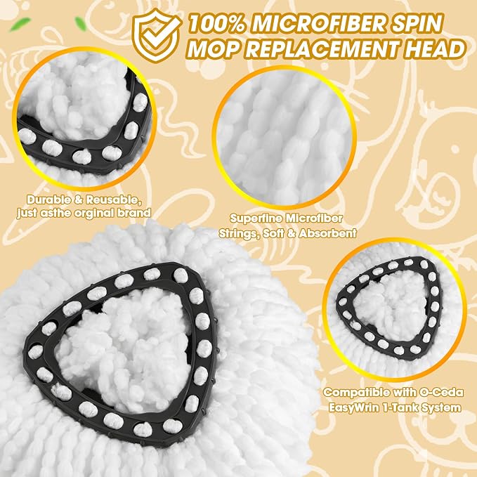 3 Pack Mop Heads Replacements,100% Microfiber Spin Mop Replacement Heads Compatible with OCeda EasyWring 1-Tank System,360 Degree Spin Mop Refill for Easy House Cleaning Floor Mopping