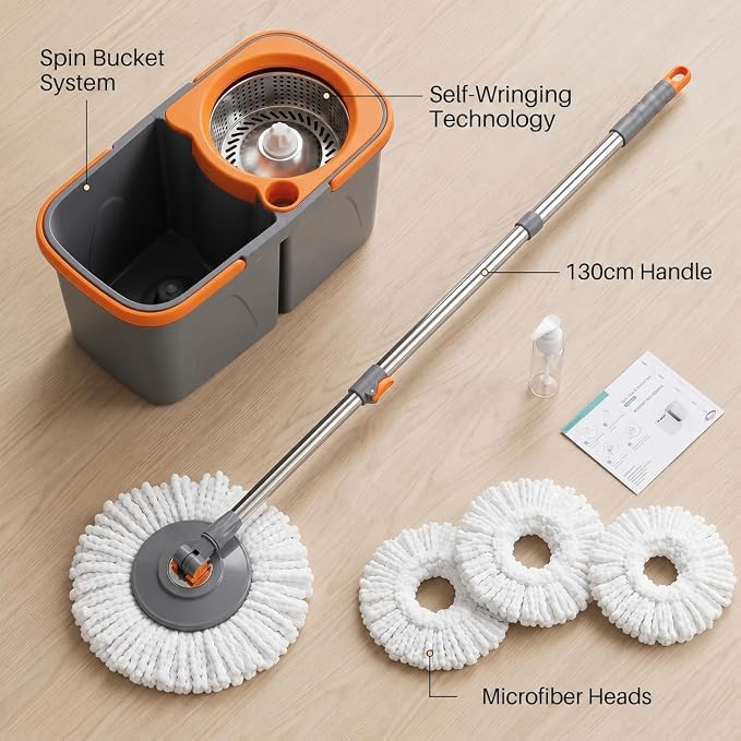 Spin Mop and Bucket Set with 3 Extra Heads, 130cm Extendable Handle - Grey and Orange, Microfibre Mop Head, Self-Wringing System, for All Hard Floors and Tiles