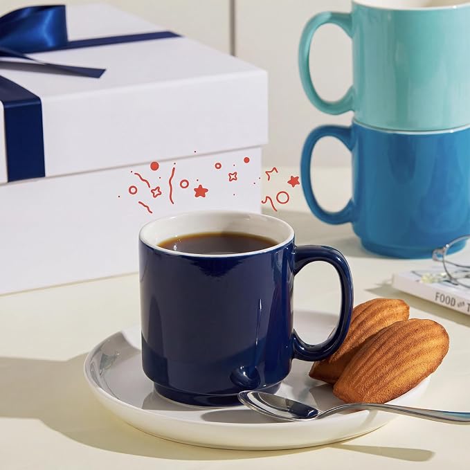 Sweese Stackable Coffee Mugs Set of 6, 16 Oz Large Porcelain Cups for Coffee, Latte, Tea & Hot Drinks, Space-Saving Stackable Design, Microwave & Dishwasher Safe, Assorted Colors