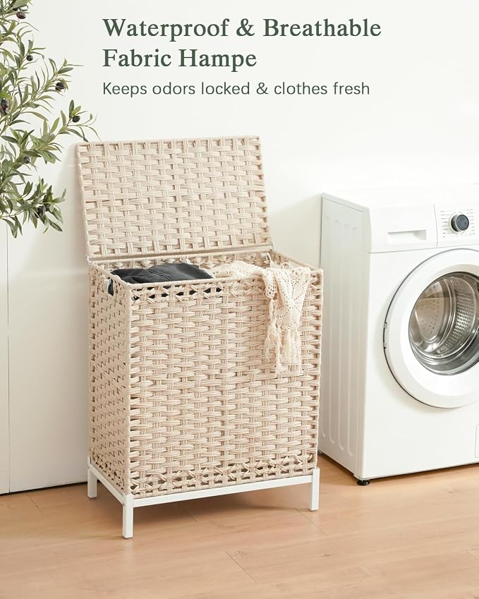 SETVSON Laundry Hamper with Lid, Wicker Laundry Basket, 112 L, Light Khaki | Handwoven PE Rattan, 2 Removable Liner Bags, Metal Heightened Feet, 6 Mesh Bags, Clothes Hamper for Bathroom Bedroom