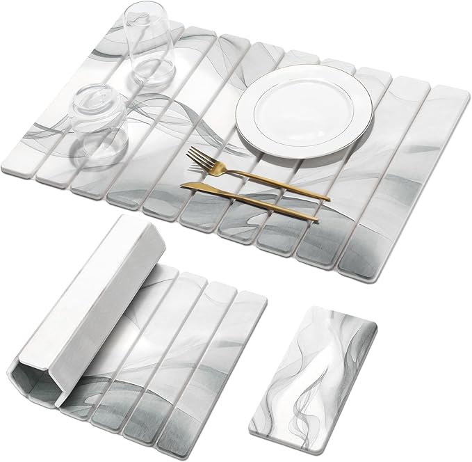 Large Stone Dish Drying Mat for Kitchen Counter, 2 PCS Quick Dry Stone Mats, Foldable Water Absorbing Diatomaceous Earth Drying Dishes Pad for Countertop Bottle Utensil Cup(Black White 24"×16"&8"x4")